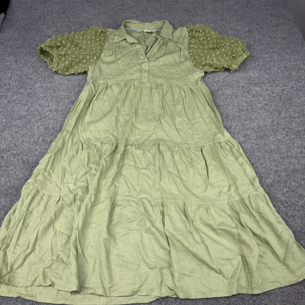 Umgee Tiered Midi Dress Womens Small Green Swiss Dot Puff Sleeve Boho Linen Mix
